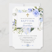 Waterverf Blue Floral Lijst Cross Boy Baptisme Kaart (Voorkant)
