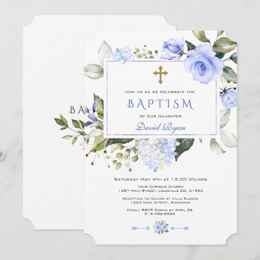 Waterverf Blue Floral Lijst Cross Boy Baptisme Kaart (Voorkant / Achterkant)