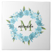 Waterverf Blue Floral met hoofdnaam Monogram Tegeltje (Voorkant)