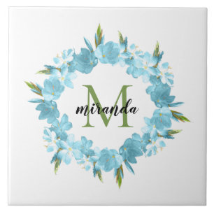 Waterverf Blue Floral met hoofdnaam Monogram Tegeltje