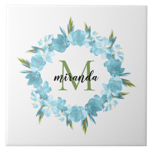 Waterverf Blue Floral met hoofdnaam Monogram Tegeltje (Voorkant)