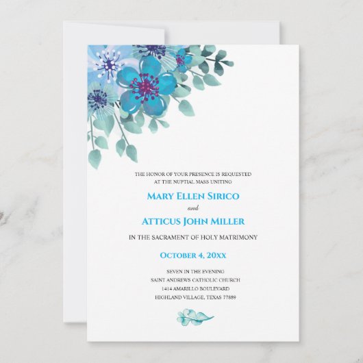 Waterverf Blue Floral Nuptial Mass Invitation Kaart (Voorkant)