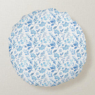 Waterverf Blue Floral Pattern Rond Kussen