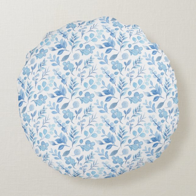 Waterverf Blue Floral Pattern Rond Kussen (Achterkant)