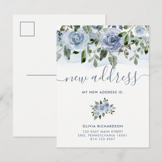 Waterverf Blue Floral | Verplaatsingsaankondiging Aankondigingskaart (Voorkant / Achterkant)