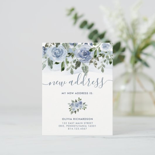 Waterverf Blue Floral | Verplaatsingsaankondiging Aankondigingskaart (Staand voorkant)