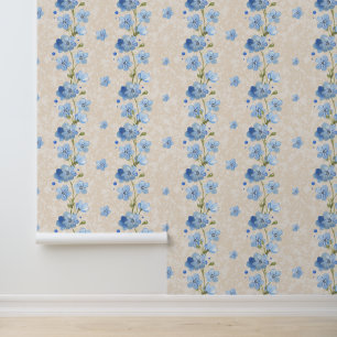 Waterverf Blue Floral Vine op getextureerde crème Behang