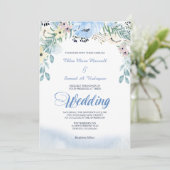 Waterverf Blue Floral Wedding Invitation Kaart (Staand voorkant)