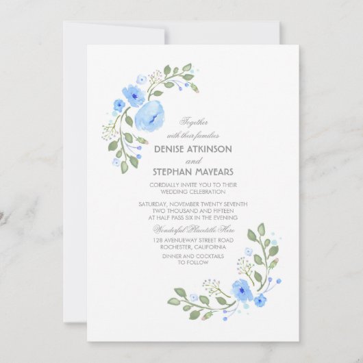 Waterverf Blue Floral Wedding Invitation Kaart (Voorkant)
