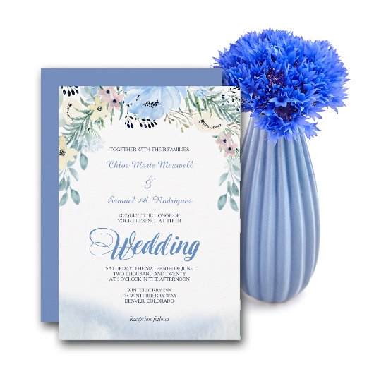 Waterverf Blue Floral Wedding Invitation Kaart