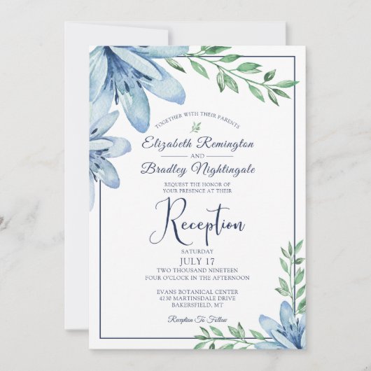 Waterverf Blue Floral Wedding Reception Kaart (Voorkant)