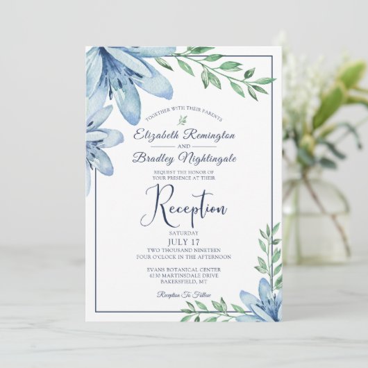Waterverf Blue Floral Wedding Reception Kaart (Staand voorkant)