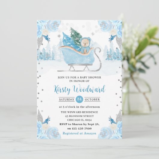Waterverf Blue Floral Winter Beer Baby shower Kaart (Staand voorkant)