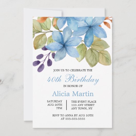 Waterverf Blue Flower Botanical Any Age Verjaardag Kaart (Voorkant)