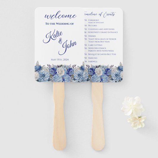Waterverf Blue Flower Bouquet-Wedding-programma Handwaaier (Voorkant en achterkant)