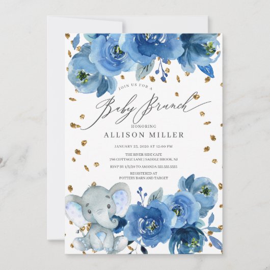 Waterverf Blue Flower Elephant Baby shower Brunch Kaart (Voorkant)