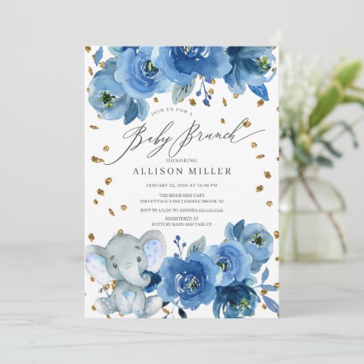 Waterverf Blue Flower Elephant Baby shower Brunch Kaart (Staand voorkant)