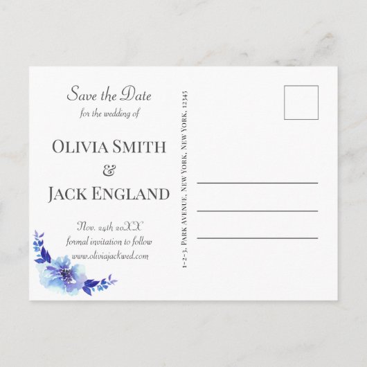 Waterverf Blue Flower Wedding Sla de datum op Briefkaart (Achterkant)