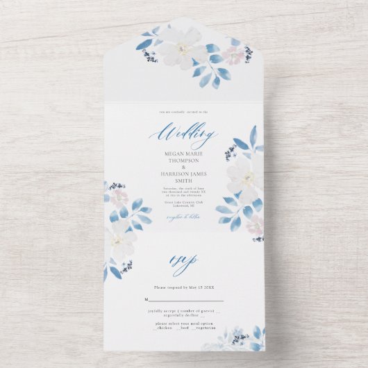 Waterverf Blue Flower Wedding Uitnodiging (Binnen)