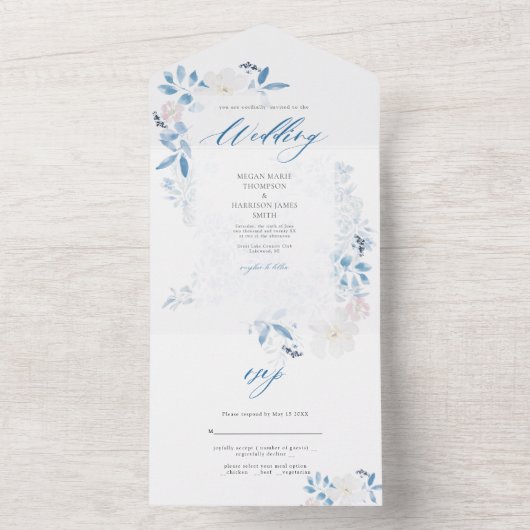 Waterverf Blue Flower Wedding Uitnodiging (Binnen)