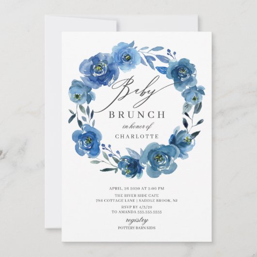 Waterverf Blue Flowers Baby shower Brunch Kaart (Voorkant)