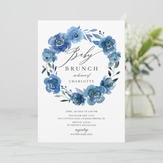 Waterverf Blue Flowers Baby shower Brunch Kaart (Staand voorkant)
