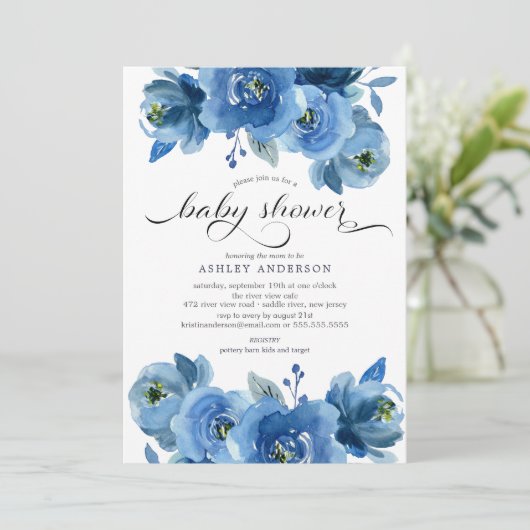 Waterverf Blue Flowers Baby shower Kaart (Staand voorkant)