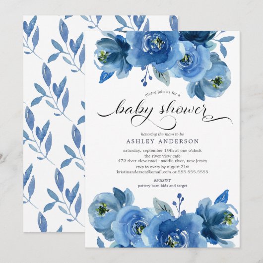 Waterverf Blue Flowers Baby shower Kaart (Voorkant / Achterkant)