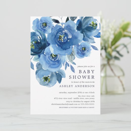 Waterverf Blue Flowers Baby shower Kaart (Staand voorkant)