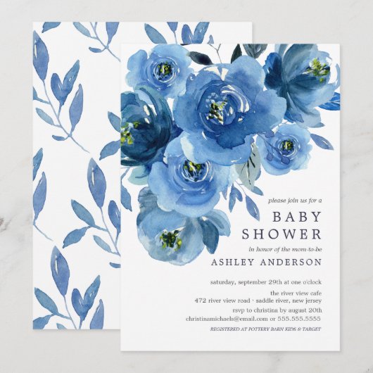 Waterverf Blue Flowers Baby shower Kaart (Voorkant / Achterkant)