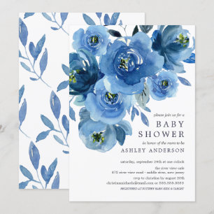 Waterverf Blue Flowers Baby shower Kaart