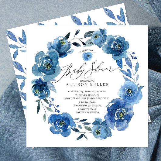 Waterverf Blue Flowers Baby shower Kaart