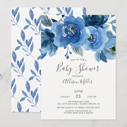 Waterverf Blue Flowers Baby shower Kaart (Voorkant / Achterkant)