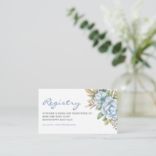 Waterverf Blue Flowers Baby shower Registry Informatiekaartje (Staand voorkant)