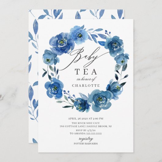 Waterverf Blue Flowers Baby shower Tea Kaart (Voorkant / Achterkant)