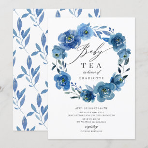 Waterverf Blue Flowers Baby shower Tea Kaart