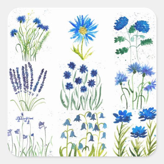 Waterverf Blue Flowers Collectie Chic Rustic Vierkante Sticker (Voorkant)