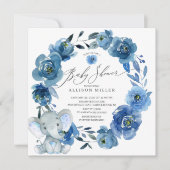 Waterverf Blue Flowers Elephant Baby shower Kaart (Voorkant)