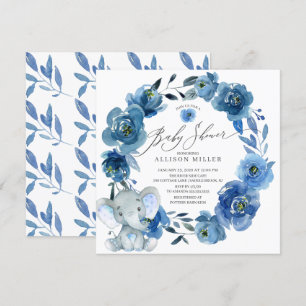 Waterverf Blue Flowers Elephant Baby shower Kaart
