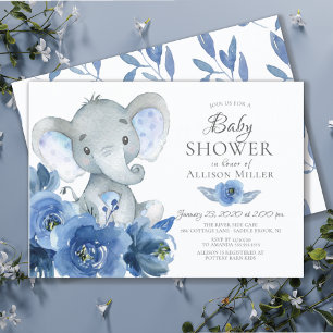 Waterverf Blue Flowers Elephant Baby shower Kaart