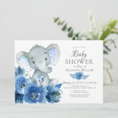 Waterverf Blue Flowers Elephant Baby shower Kaart (Staand voorkant)