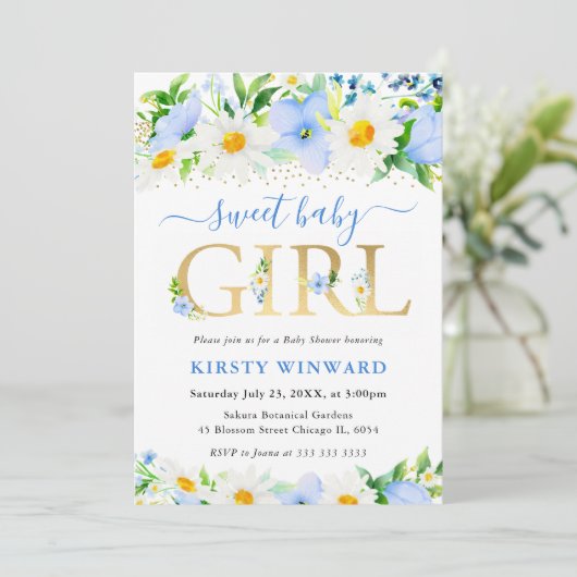 Waterverf Blue Flowers en Daisies Baby shower Kaart (Staand voorkant)