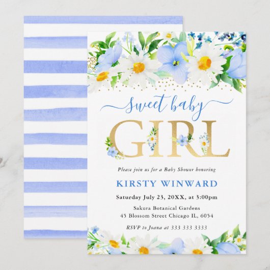 Waterverf Blue Flowers en Daisies Baby shower Kaart (Voorkant / Achterkant)