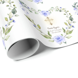 Waterverf Blue Flowers Gold Cross Boy Baptisme Cadeaupapier