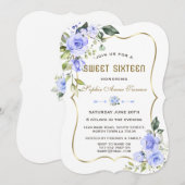 Waterverf Blue Flowers Gold Lijst Sweet 16 Kaart (Voorkant / Achterkant)