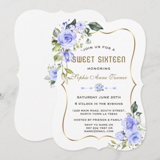 Waterverf Blue Flowers Gold Lijst Sweet 16 Kaart (Voorkant / Achterkant)