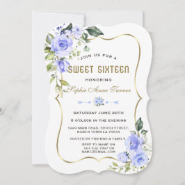 Waterverf Blue Flowers Gold Lijst Sweet 16 Kaart