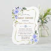 Waterverf Blue Flowers Gold Lijst Sweet 16 Kaart (Staand voorkant)