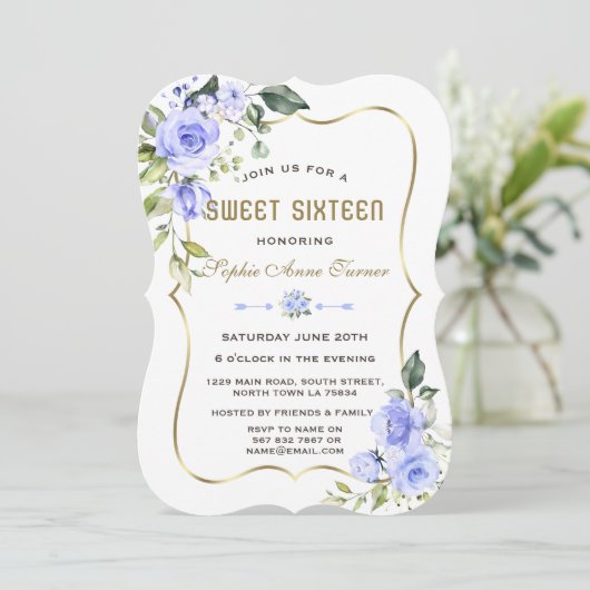 Waterverf Blue Flowers Gold Lijst Sweet 16 Kaart (Staand voorkant)