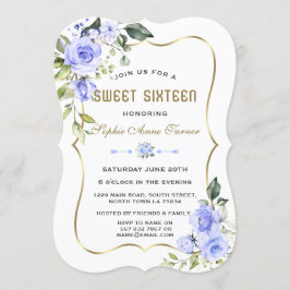 Waterverf Blue Flowers Gold Lijst Sweet 16 Kaart